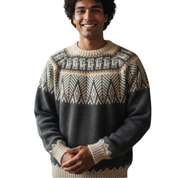 Peruvian Made 100% Alpaca Gray/Cream Fairisle Soft Chunky Winter Sweater Sz L - Picture 7 of 8